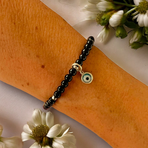 Drop Evil Eye Charm 4mm Onyx Polished Stones Bracelet