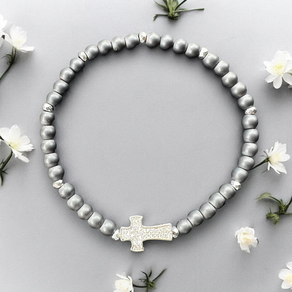 Cubic Zirconia Cross 4mm Hematite Matte Stone Bracelet