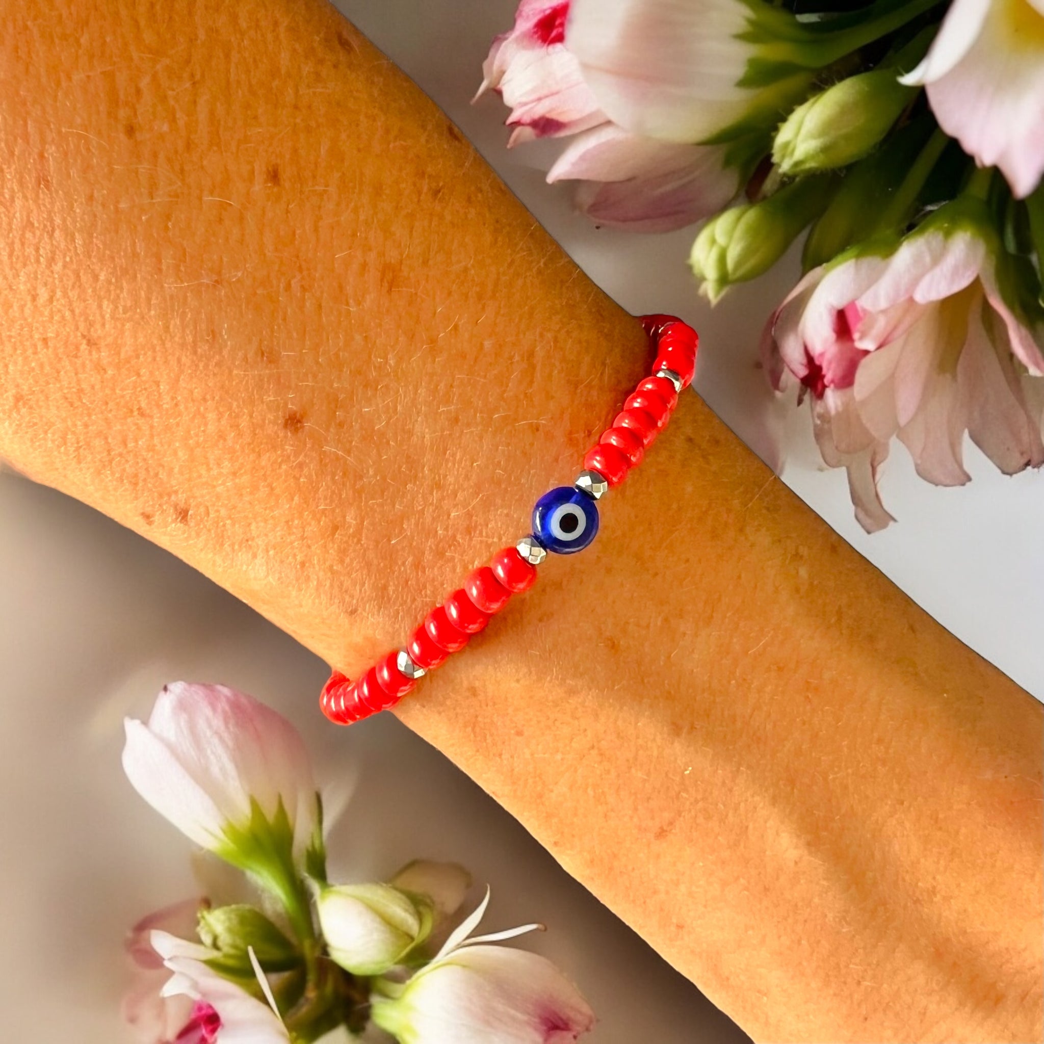 Classic Blue Evil Eye Charm 4mm Red Glass Beads Bracelet