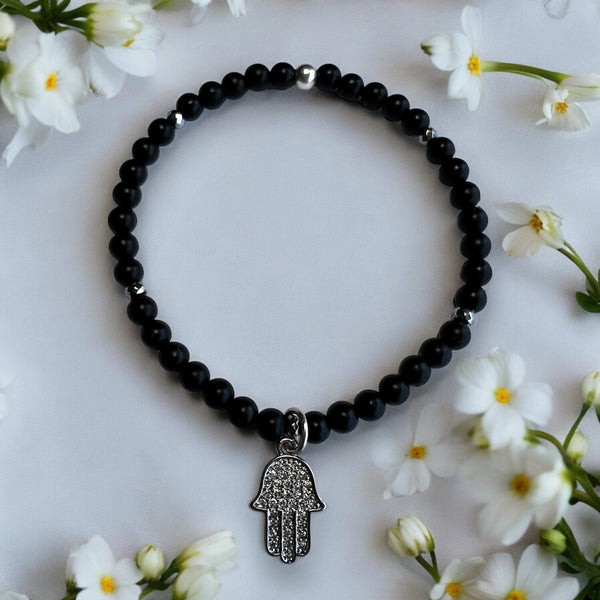 Hamsa Charm 4mm Onyx Matte Stone Bracelet