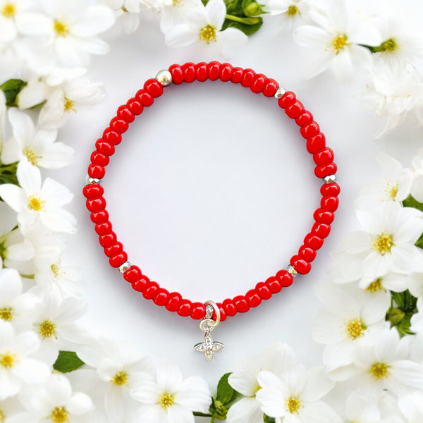 Flower Charm 4mm Red Glass Beads Bracelet