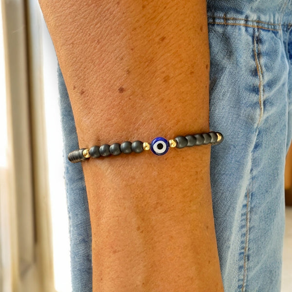 Blue Evil Eye Charm 4mm Hematite Matte Stones Bracelet