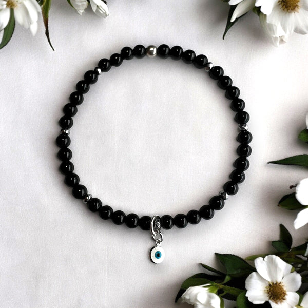 Mini White Evil Eye Charm 4mm Onyx Polished Stones Bracelet