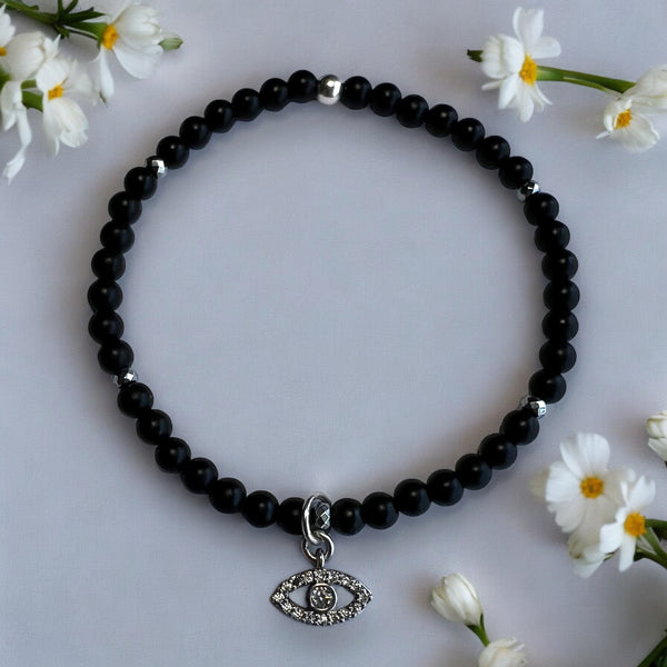 Cubic Zirconias Evil Eye Charm 4mm Onyx Matte Stone Bracelet