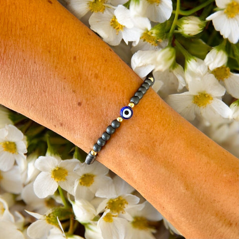 Blue Evil Eye Charm 4mm Hematite Matte Stones Bracelet