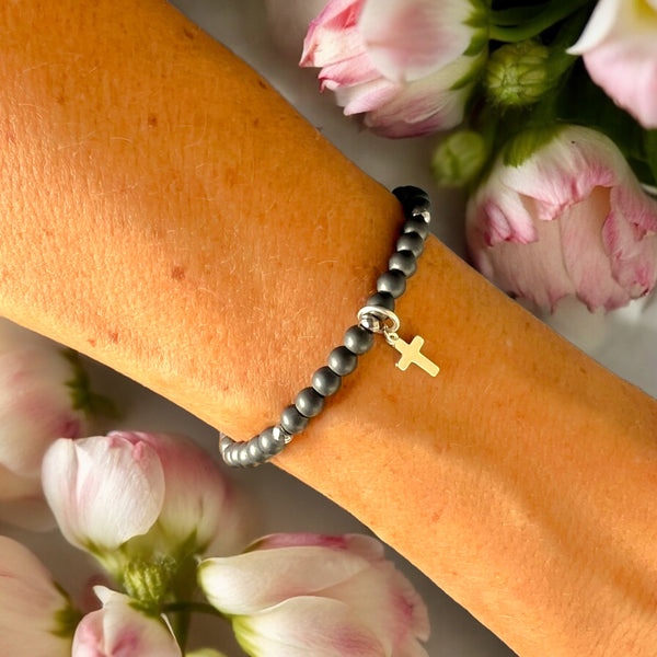 Mini Cross 4mm Hematite Matte Stone Bracelet