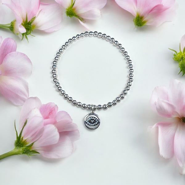 Round Evil Eye Charm Sterling Silver 4mm Bead Bracelet