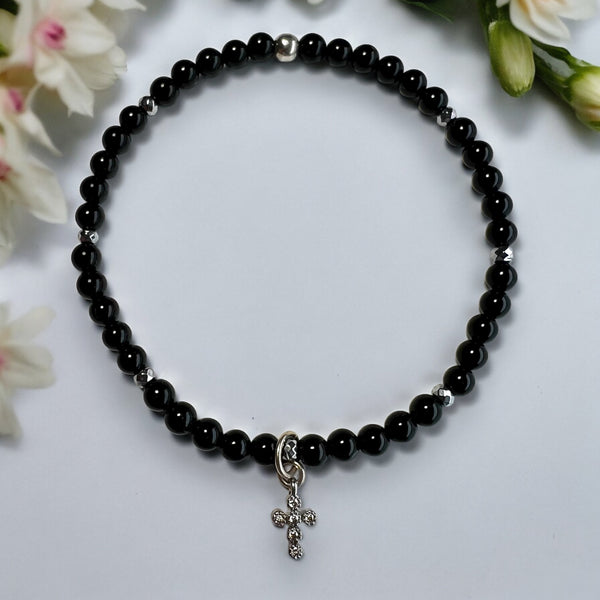 Cross Charm 4mm Onyx Polished Stones Bracelet