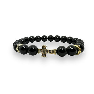 Onyx Polished 8mm Stone Bracelet with Cross