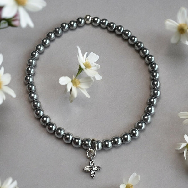 Dainty Flower Charm 4mm Hematite Stones Bracelet