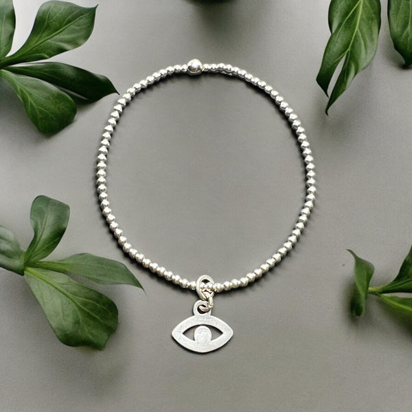 Evil Eye Charm Sterling Silver 2mm Bead Bracelet