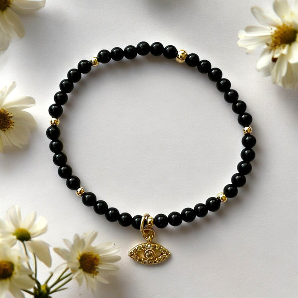 Cubic Zirconias Evil Eye Charm 4mm Onyx Stone Bracelet