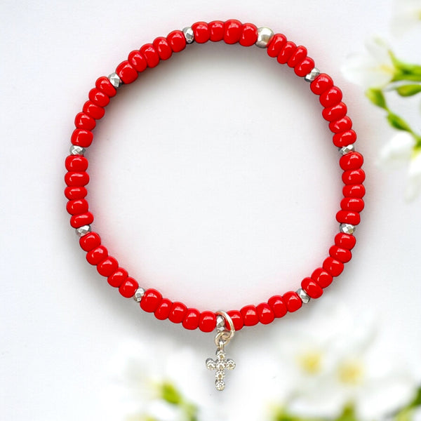 Silver Cross Charm 4mm Red Glass Beads Bracelet