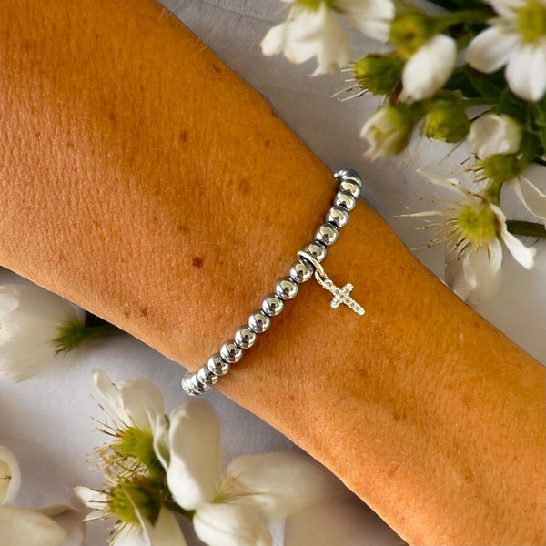 Cubic Zirconias Cross Charm 4mm Hematite Stones Bracelet