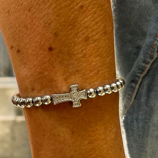 Cubic Zirconias Cross Charm 4mm Hematite Stones Bracelet