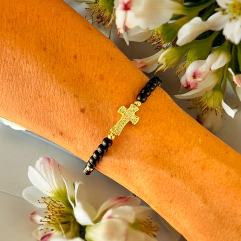 Cross Charm 4mm Onyx Matte Stone Bracelet