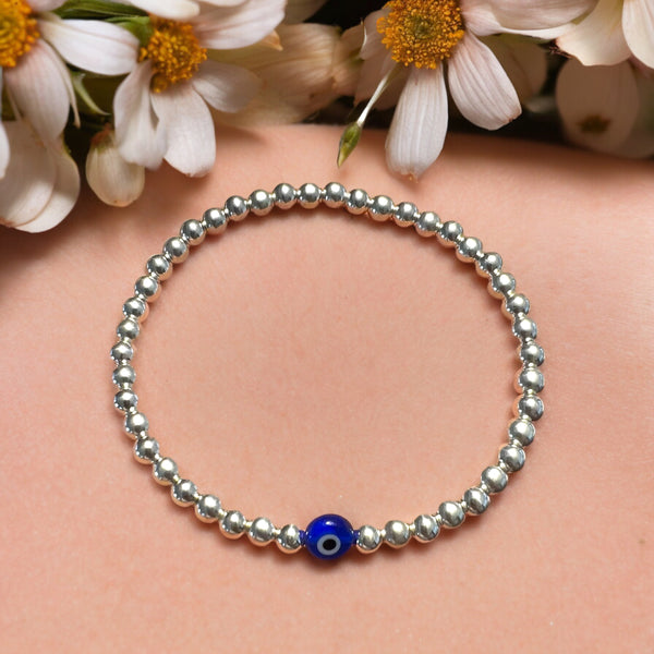 Classic Blue Evil Eye Sterling Silver 4mm Bead Bracelet