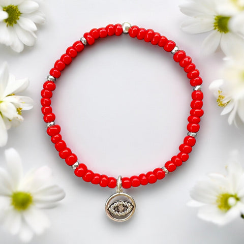 Round Eye Charm 4mm Red Glass Bead Bracelet