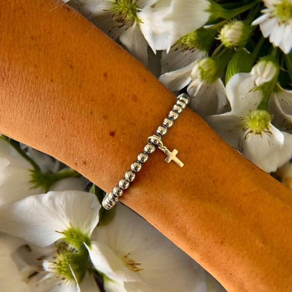 Dainty Cross Charm 4mm Hematite Stones Bracelet