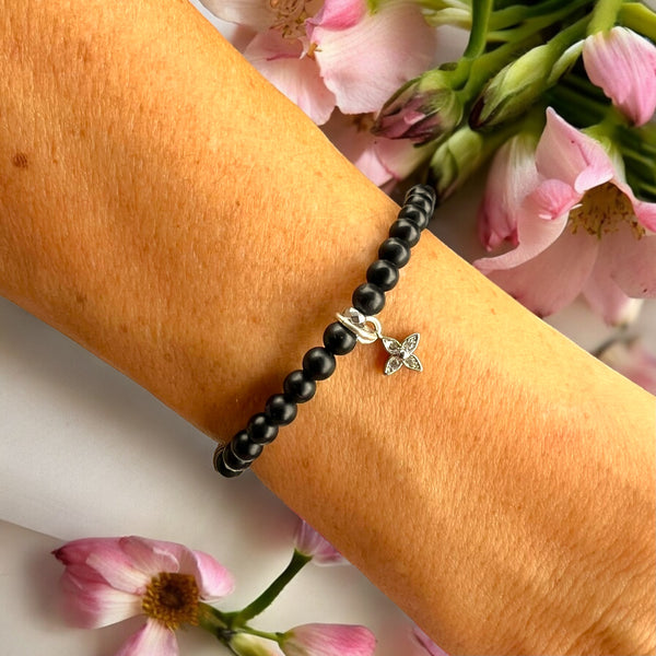 Flower Charm 4mm Onyx Matte Stone Bracelet