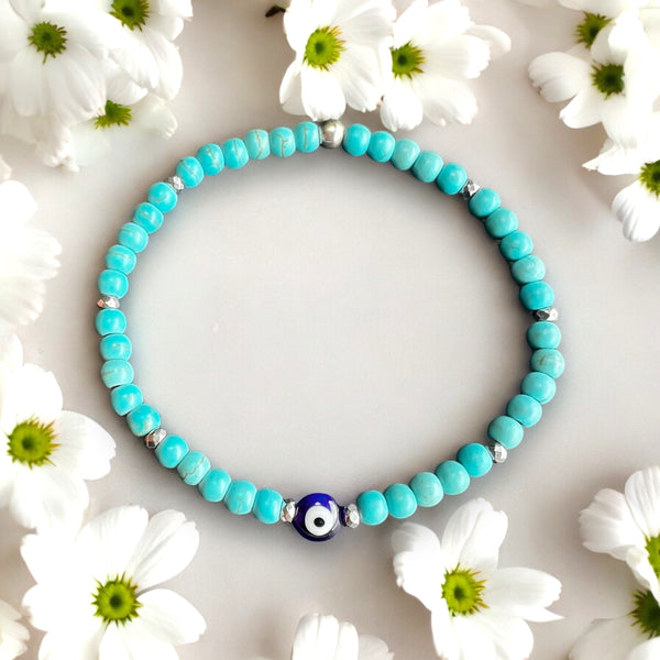 Classic Blue Evil Eye Charm 4mm Turquoise Stones Bracelet