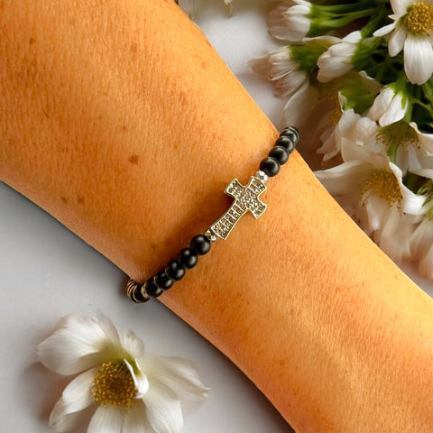 Long Cross 4mm Onyx Matte Stone Bracelet