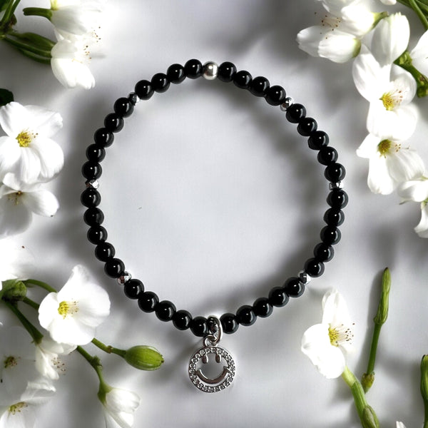 Smiley Face Charm 4mm Onyx Polished Stones Bracelet