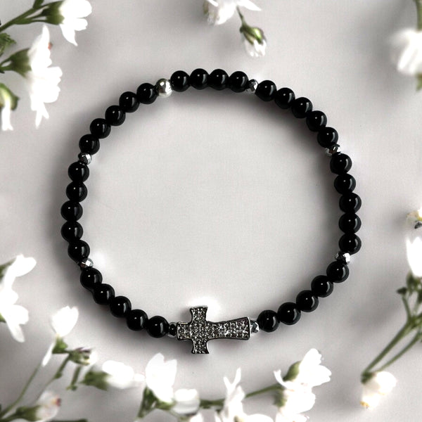 Long Cross 4mm Onyx Polished Stones Bracelet