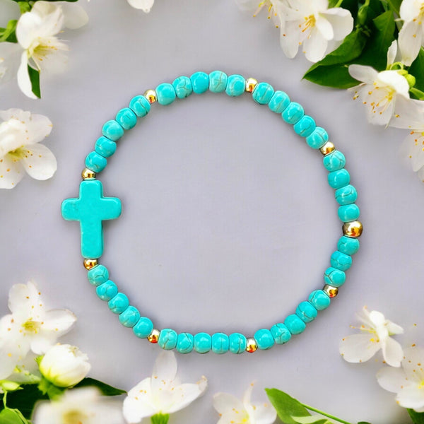 Cross Charm 4mm Turquoise Stone Bracelet