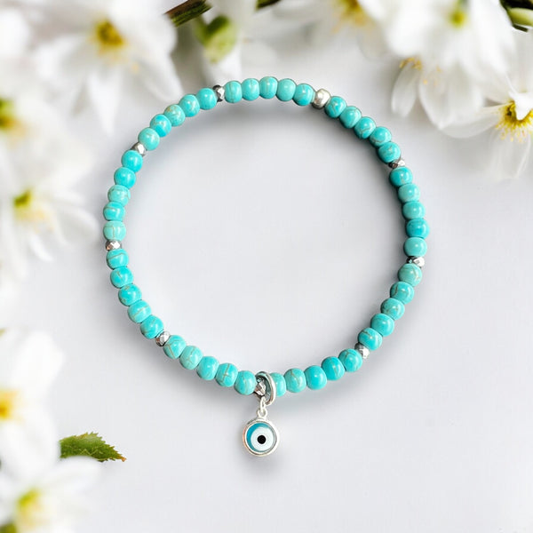 Drop Evil Eye Charm 4mm Turquoise Stones Bracelet