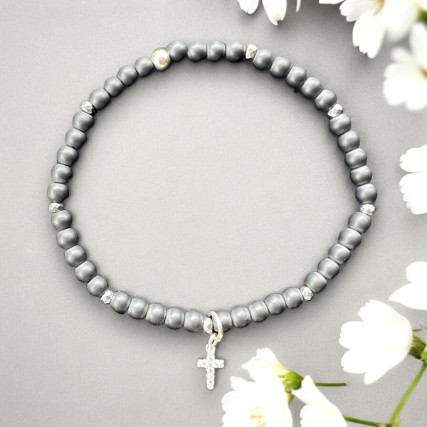 Dainty Cross 4mm Hematite Matte Stone Bracelet