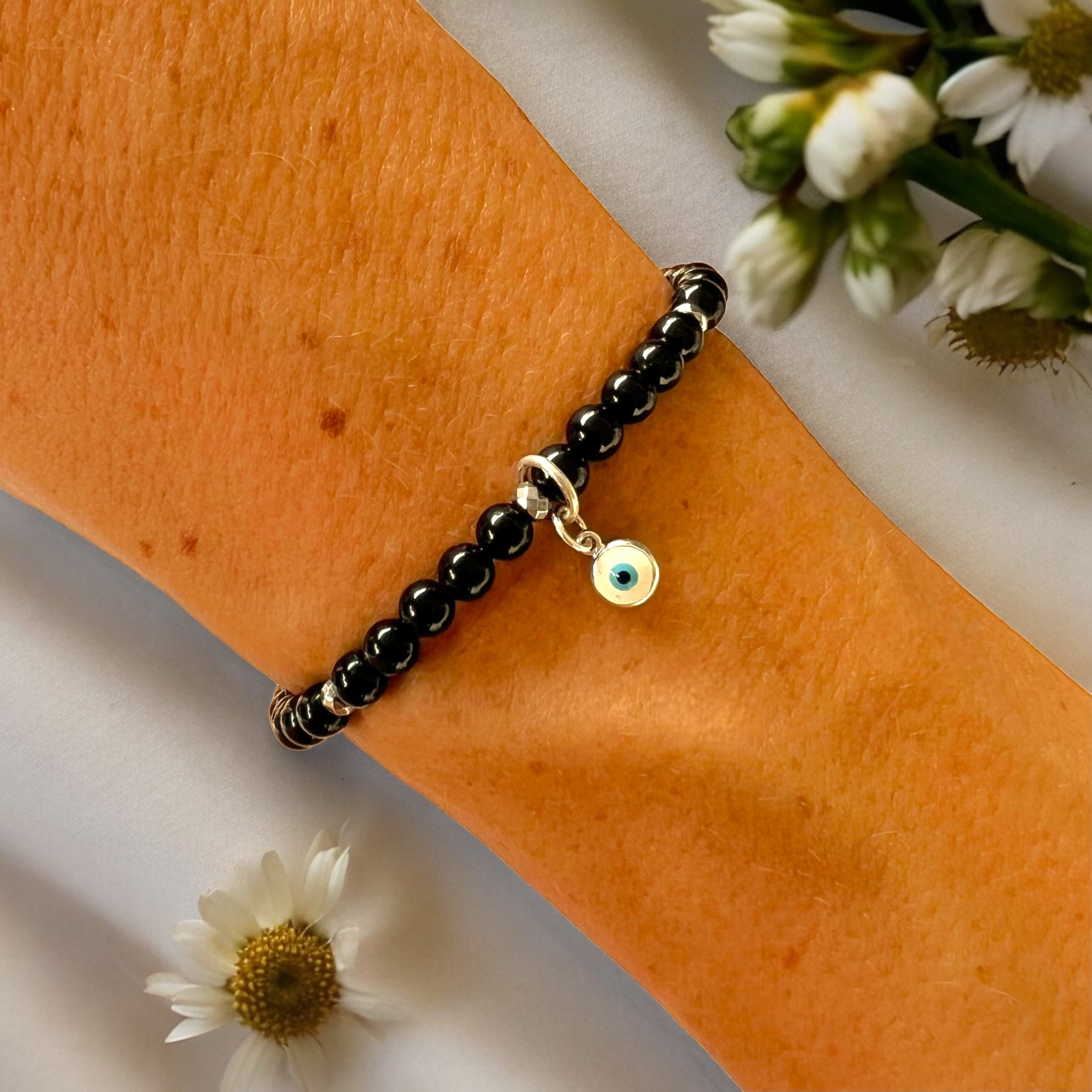 Mini White Evil Eye Charm 4mm Onyx Polished Stones Bracelet