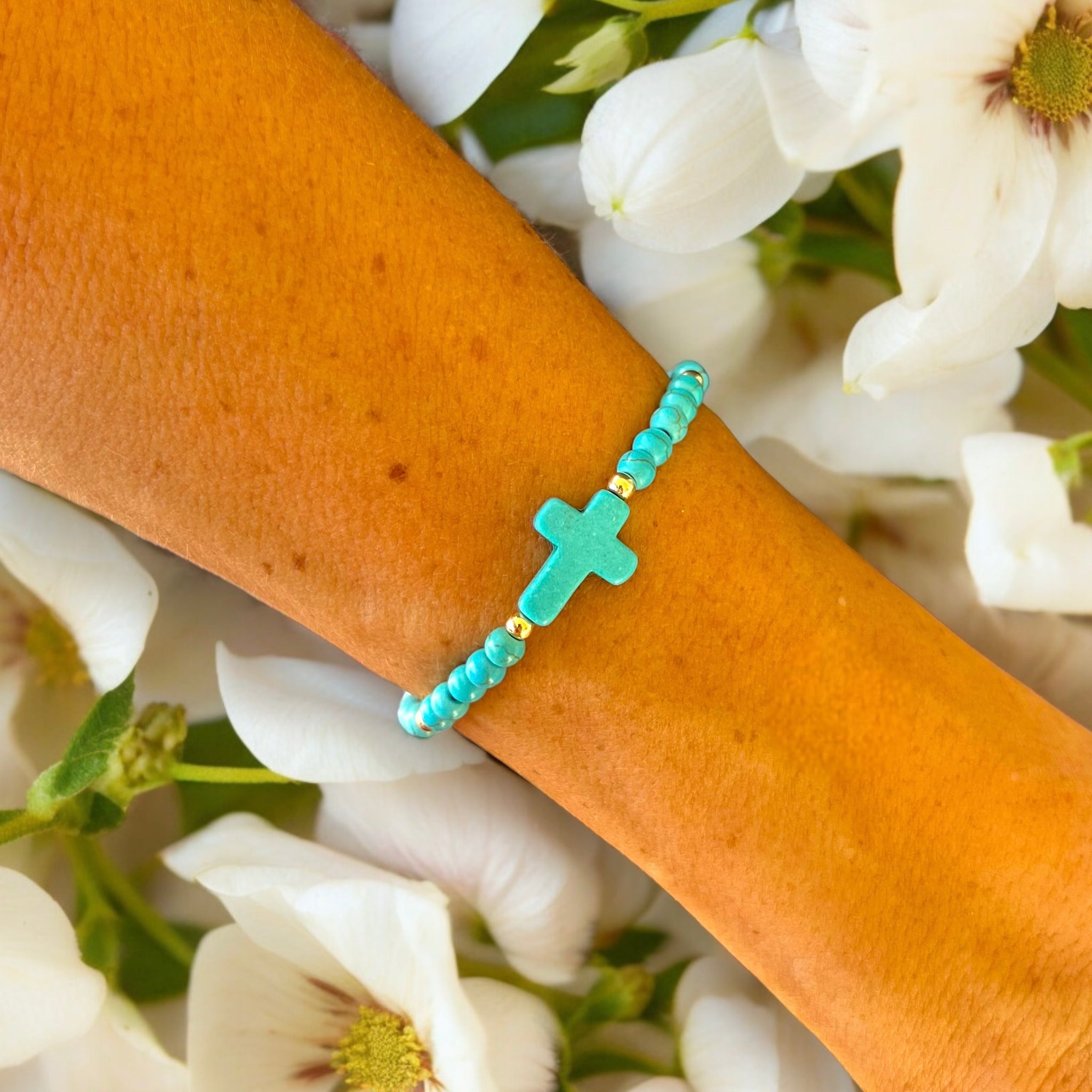 Cross Charm 4mm Turquoise Stone Bracelet