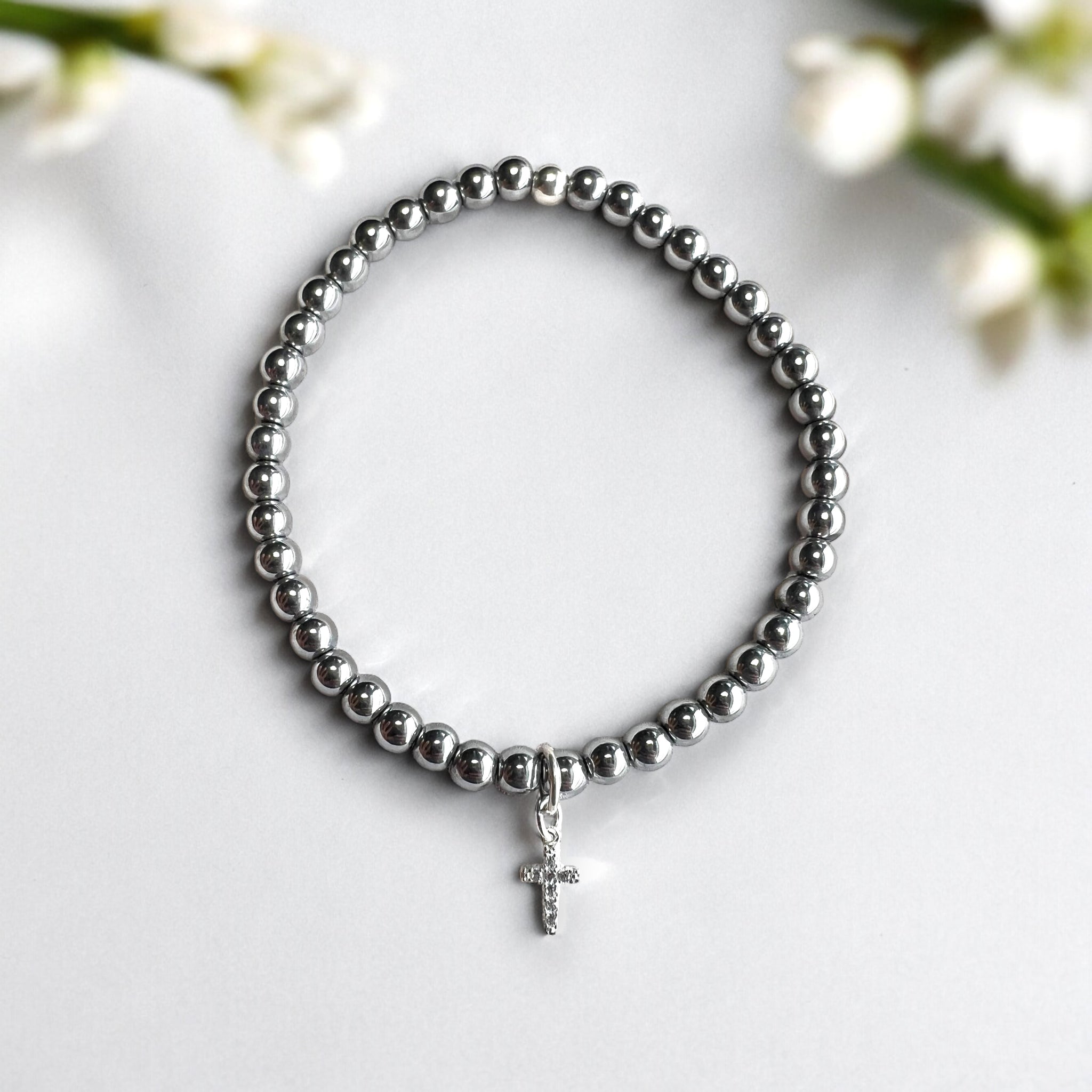 Cubic Zirconias Cross Charm 4mm Hematite Stones Bracelet