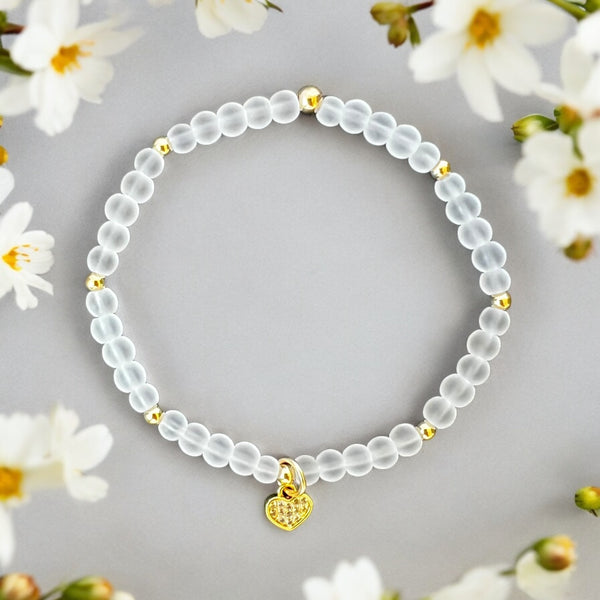 Dainty Heart Charm Clear Quartz 4mm Stone Bracelet