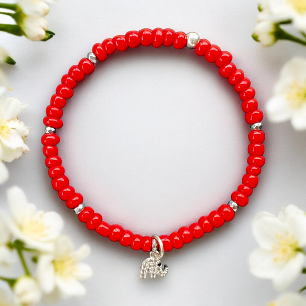 Elephant Charm 4mm Red Glass Beads Bracelet