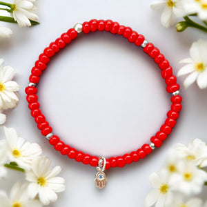 Mini Hamsa Charm 4mm Red Glass Beads Bracelet