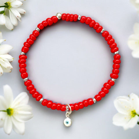 White Evil Eye Charm 4mm Red Glass Beads Bracelet