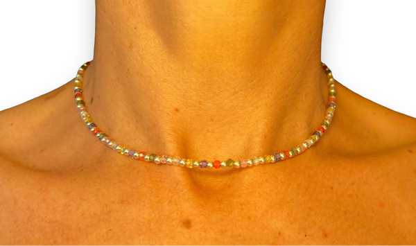 Dainty Cubic Zirconias Multicolor with Silver 3mm Beads Necklace