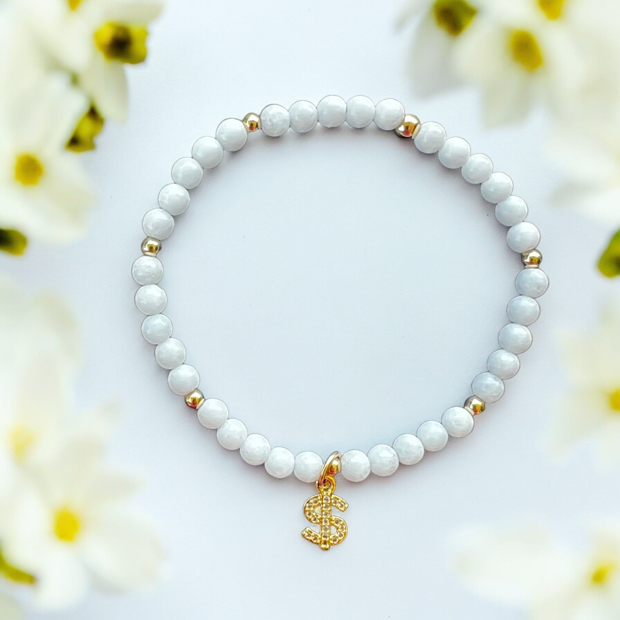 Money Sign White Quartz 4mm Stone Bracelet