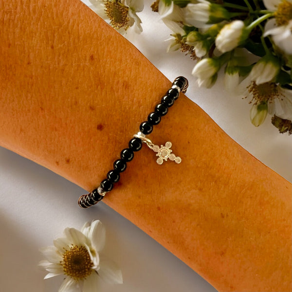 Cubic Zirconias Cross Charm 4mm Onyx Polished Stones Bracelet