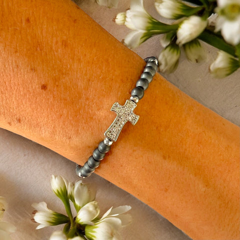 Cubic Zirconia Cross 4mm Hematite Matte Stone Bracelet