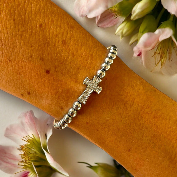 Cubic Zirconias Cross Charm 4mm Hematite Stones Bracelet