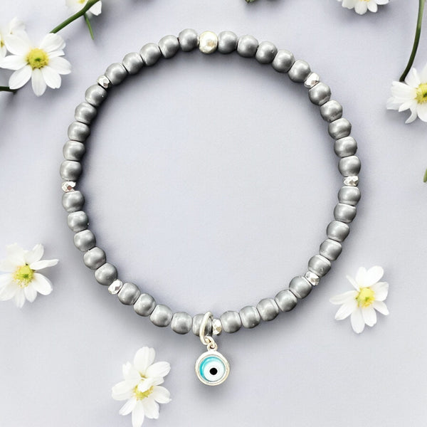 Drop Evil Eye Charm 4mm Hematite Matte Stone Bracelet