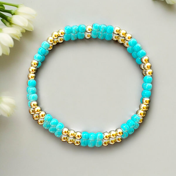 Stack of Two 18k Gold Filled Beads and Turquoise 4mm Stone Bracelet