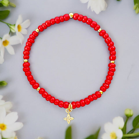 Dainty Flower Charm 4mm Red Glass Beads Bracelet