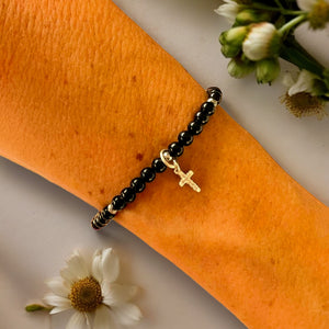 Mini Cross 4mm Onyx Polished Stones Bracelet