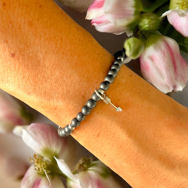 Arrow Charm 4mm Hematite Matte Stones Bracelet