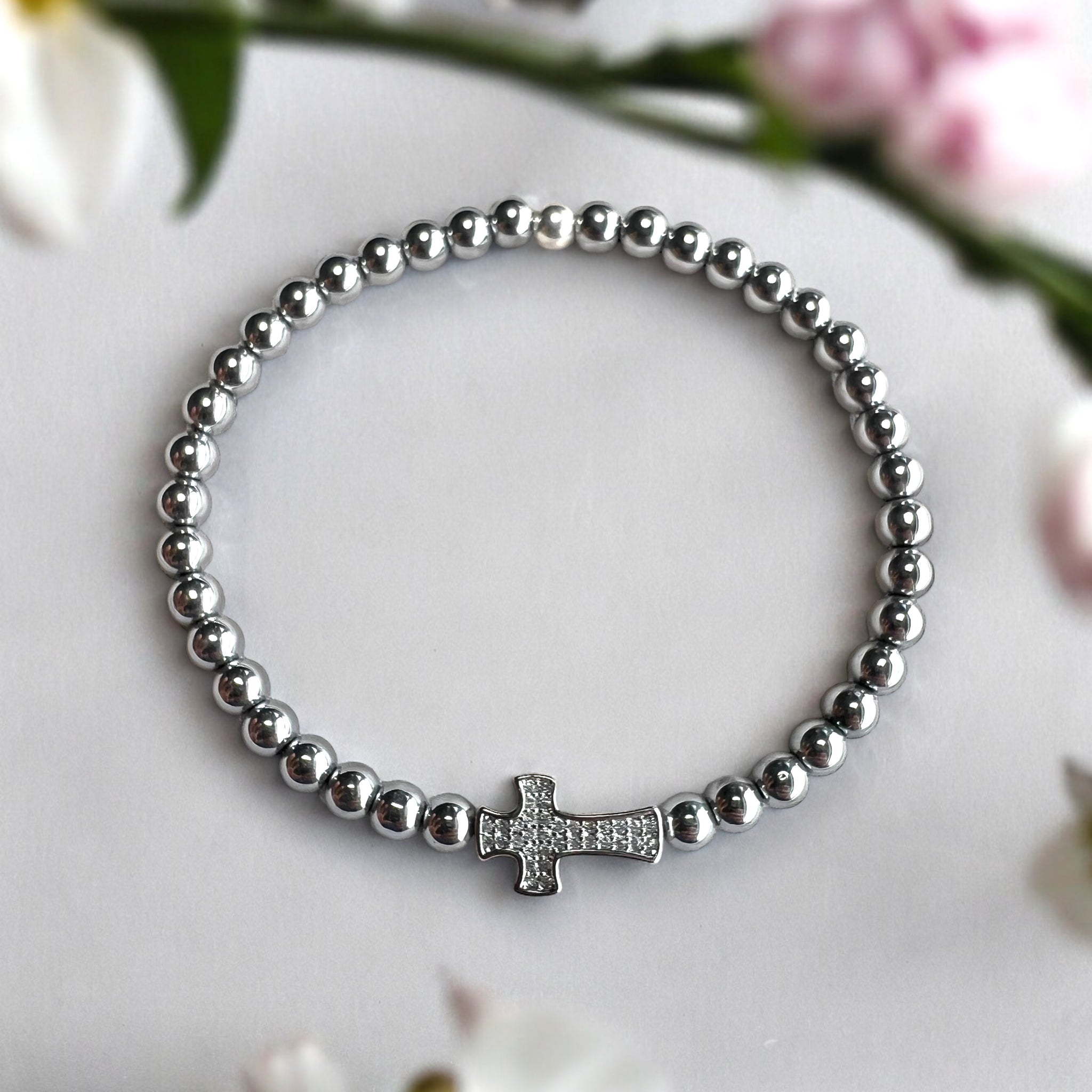 Cubic Zirconias Cross Charm 4mm Hematite Stones Bracelet