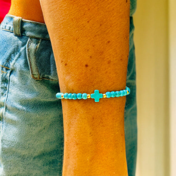 Mini Cross Turquoise 4mm Stone Bracelet